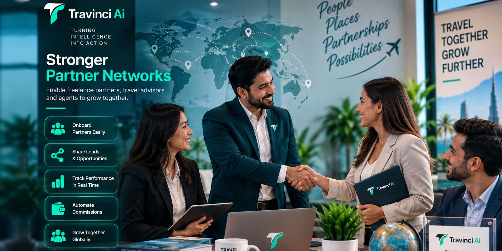 Travel partners shaking hands in a Travinci office, beside a list of partner features: onboarding, shared leads, performance and commissions