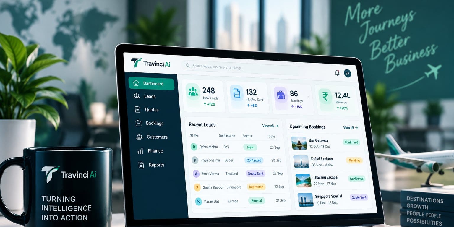 A laptop showing the Travinci dashboard: recent leads, quotes sent and upcoming bookings