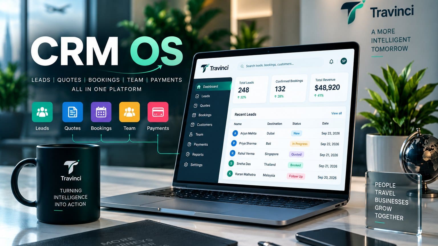 Travinci CRM OS on a laptop: leads, quotes, bookings, team and payments in one platform