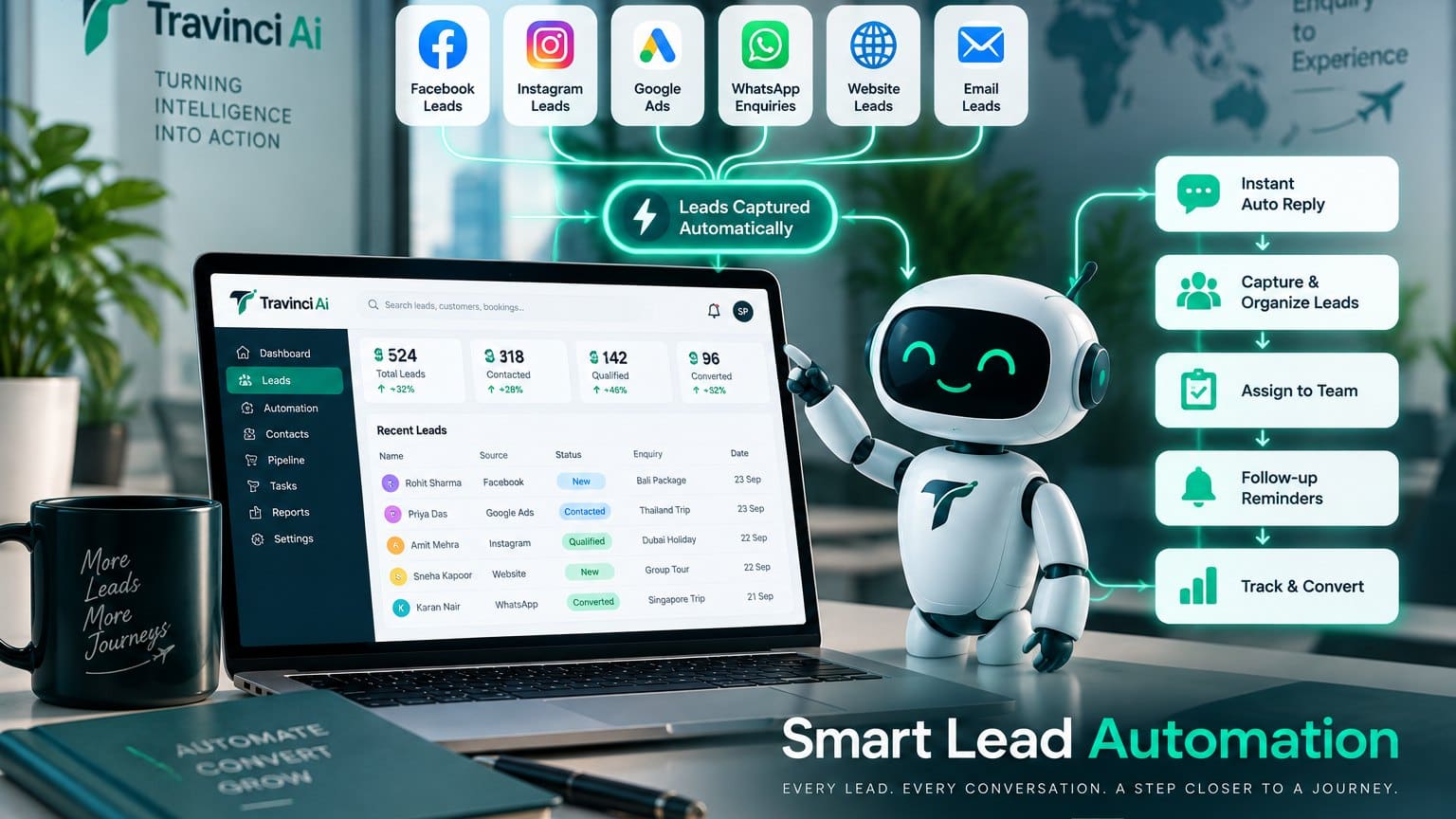 Travinci Smart Lead Automation: leads from Facebook, Instagram, Google Ads, WhatsApp, website and email captured automatically