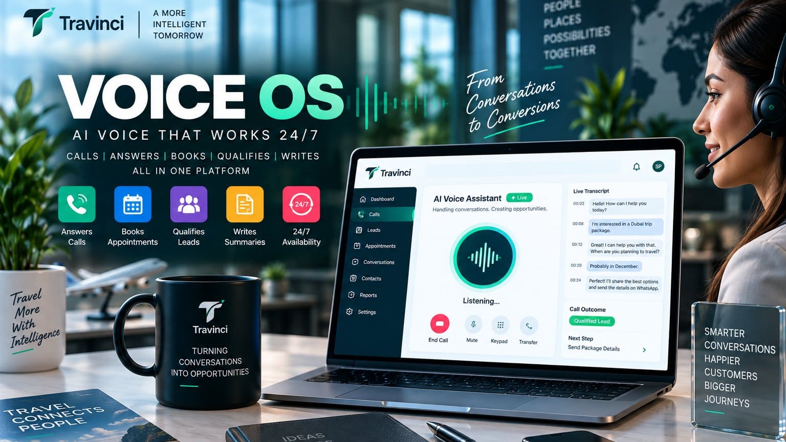 Travinci Voice OS on a laptop: an AI voice assistant answering a call live